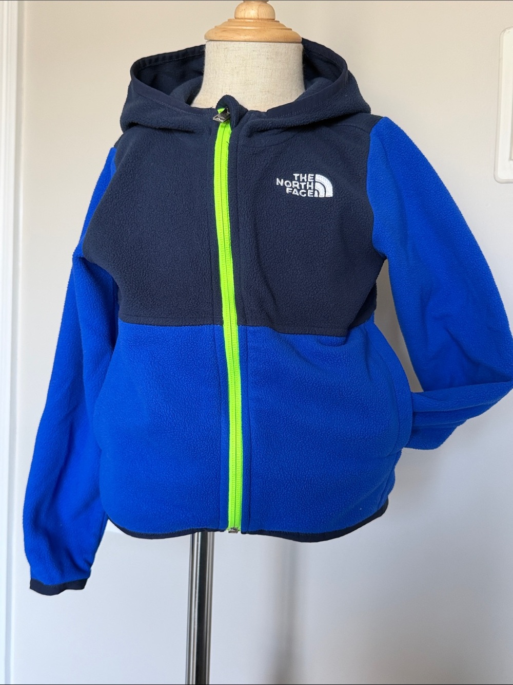 The North Face Kids Navy and Bright Blue Fleece Hoodie with Lime Zipper